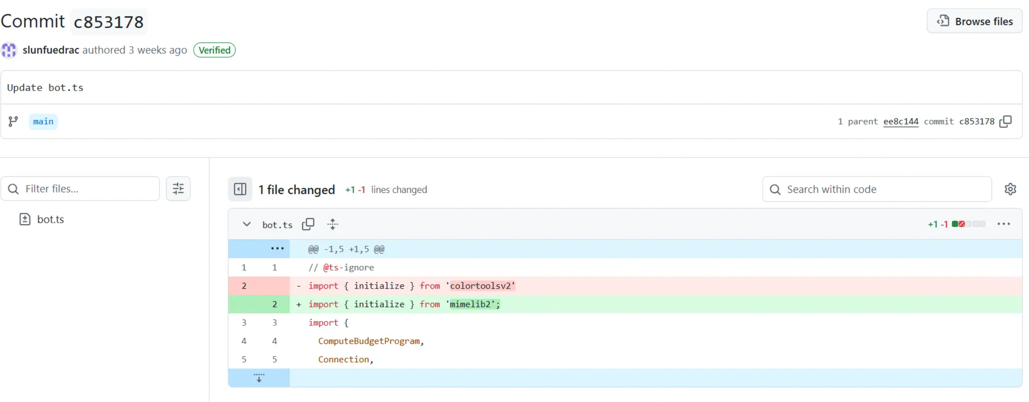 Figure 1: npm package colortoolsv2 being replaced with mimelib2.