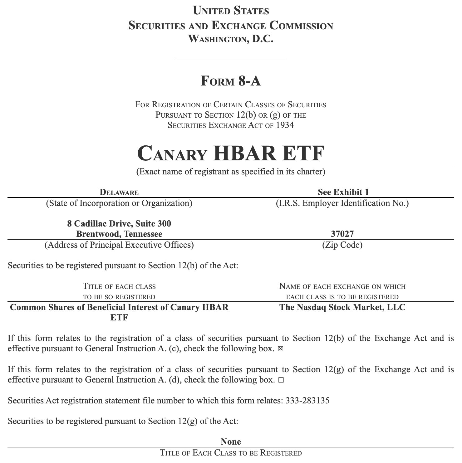 Canary HBAR ETF Form 8-A