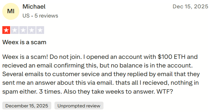 Reviews on WEEX customer support. Source: Trustpilot